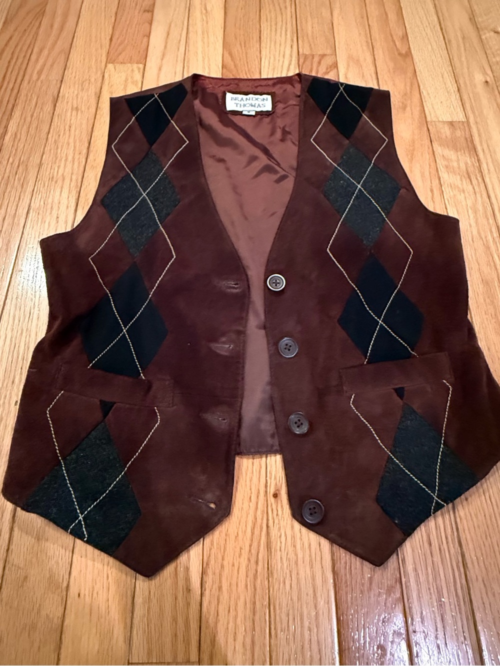 Brandon Thomas Brown Suede Vest Patchwork Wool & contrast suede patches western - Picture 2 of 7